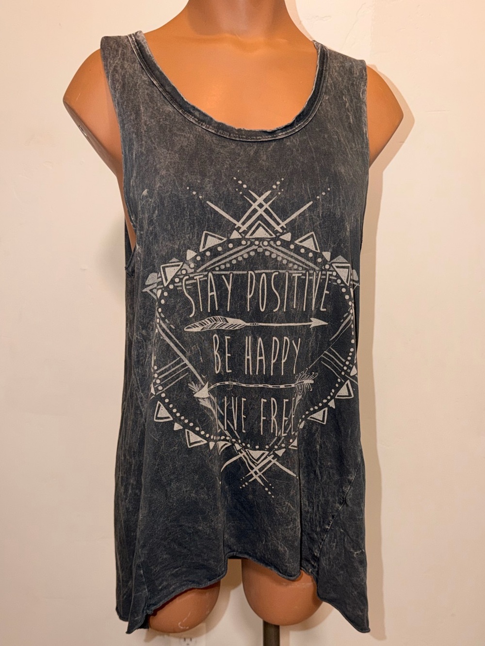 Washed Black Graphic Tank - Stay Positive Women’s Tank MEDIUM (AZA